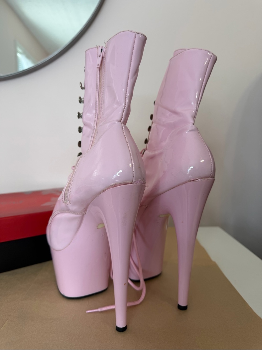 Pleaser Pink Patent Platform Stiletto Ankle Boots